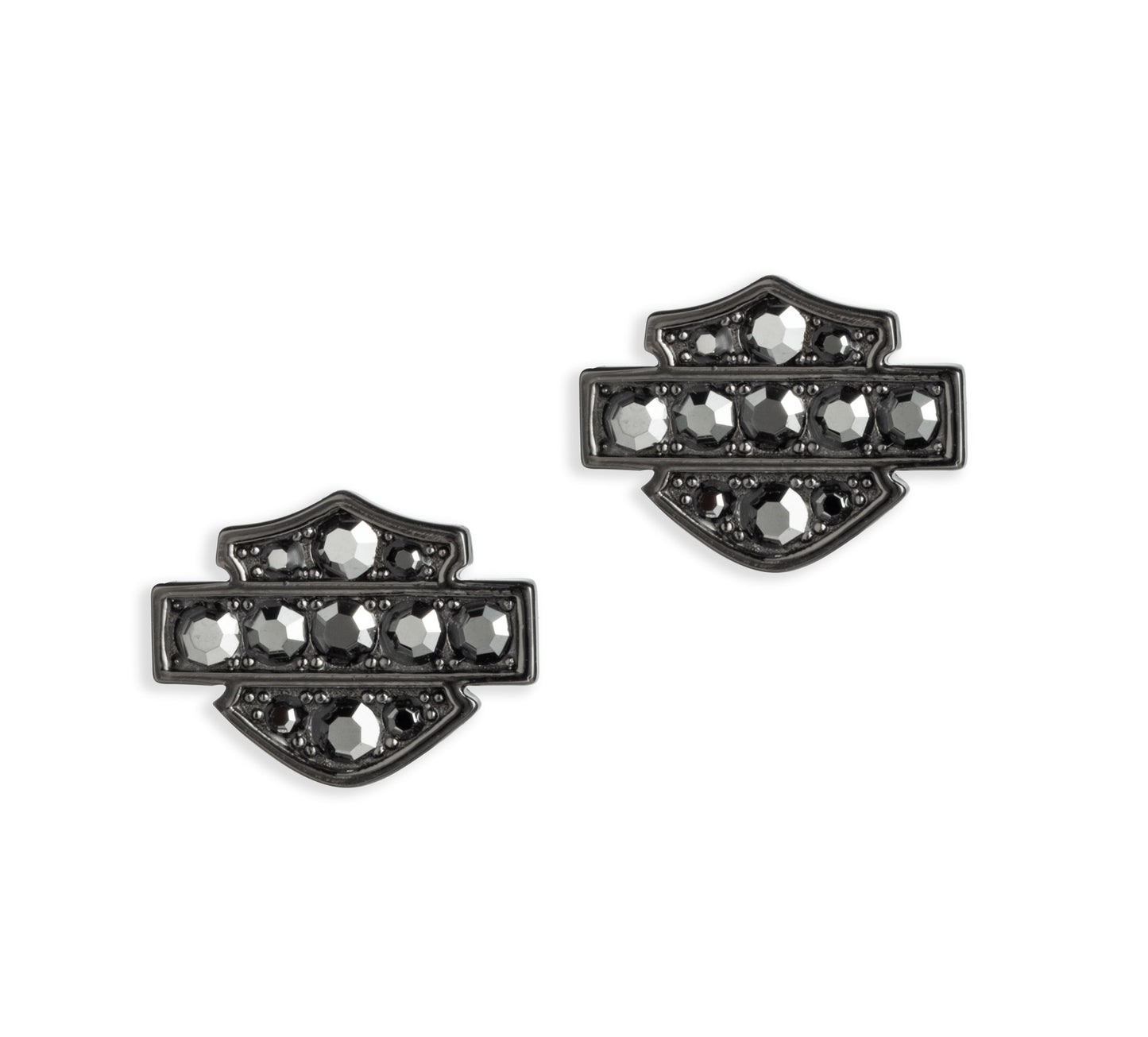 WOMEN'S BOXED STERLING SILVER AND JET HEMATITE CUBIC ZIRCONIA BAR AND SHIELD LOGO STUD EARRINGS.