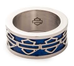 Harley-Davidson® Men's Blue Bar & Shield Logo Stainless Steel Band Ring, Silver