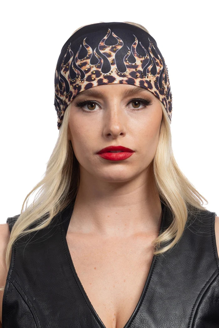 Ladies Leopard-Print Flames w/Gems EZ Bandz Biker Headband