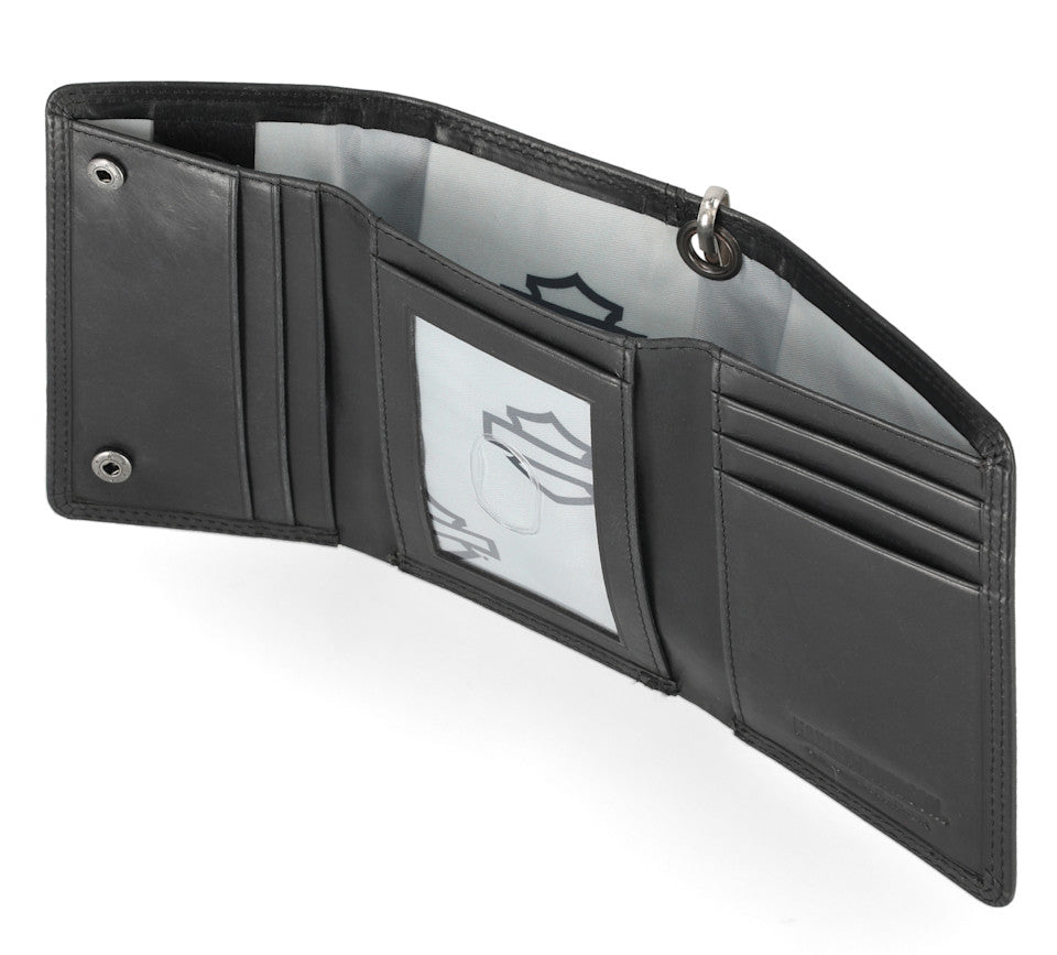 Nailhead Open Bar & Shield Trifold Wallet with Chain