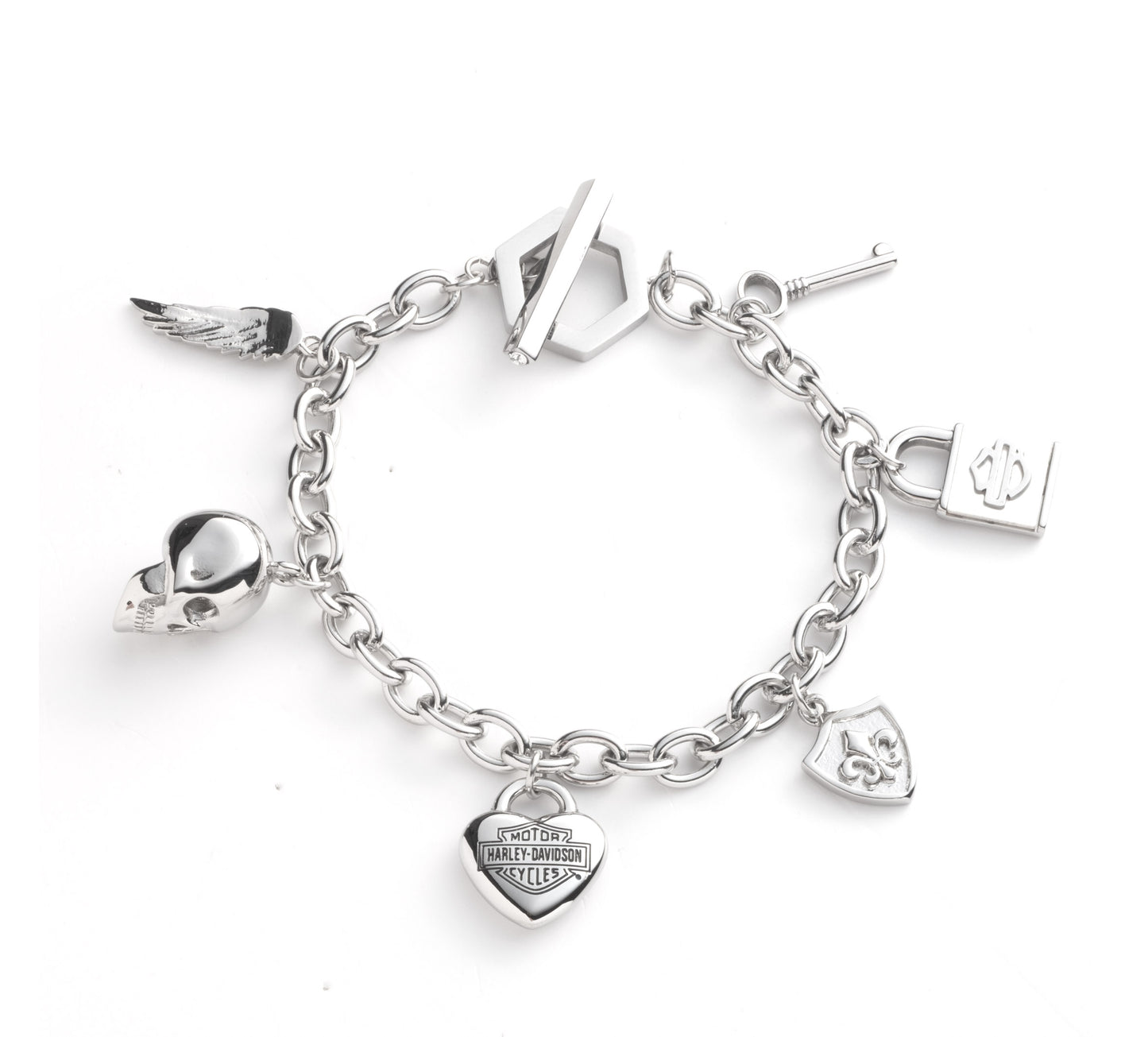 WOMEN'S BOXED 7.5" STAINLESS STEEL CHAIN BRACELET. INCLUDES 6 CHARMS WITH A MOTHER OF PEARL LOCK CHARM.