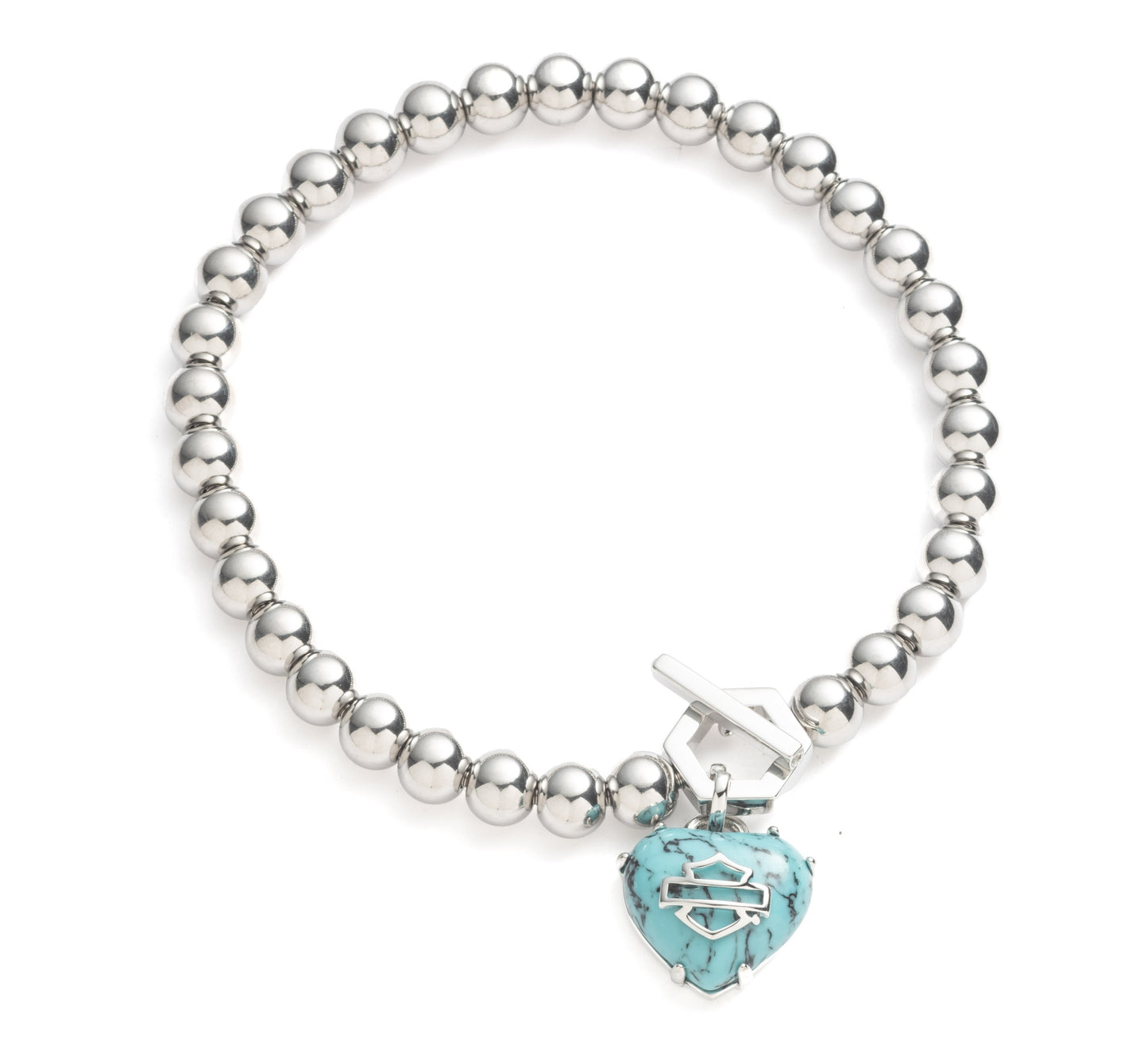 WOMEN'S BOXED SEMI-PRECIOUS TURQUIOSE STONE BAR & SHIELD HEART BEADED STRECH BRACELET