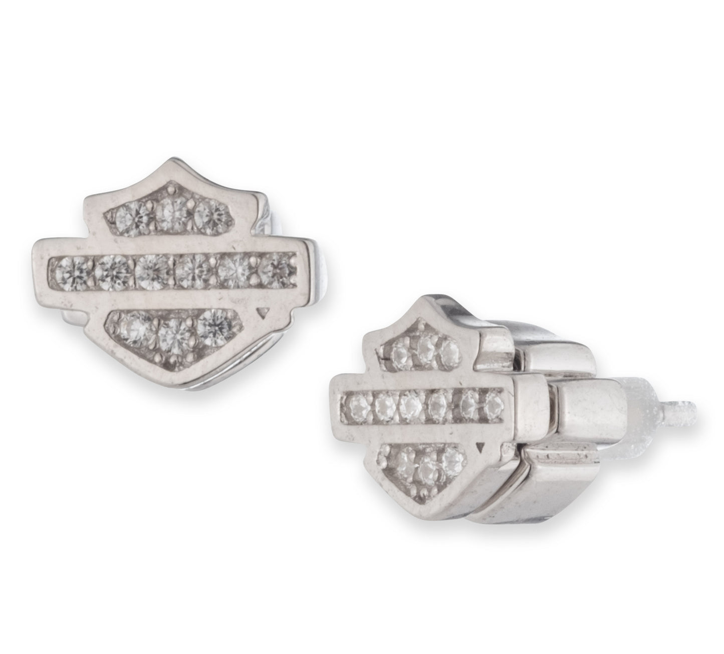WOMEN'S BOXED 8MM SMALL STERLING SILVER AND CUBIC ZIRCONIA PAVE BAR AND SHIELD STUD EARRINGS