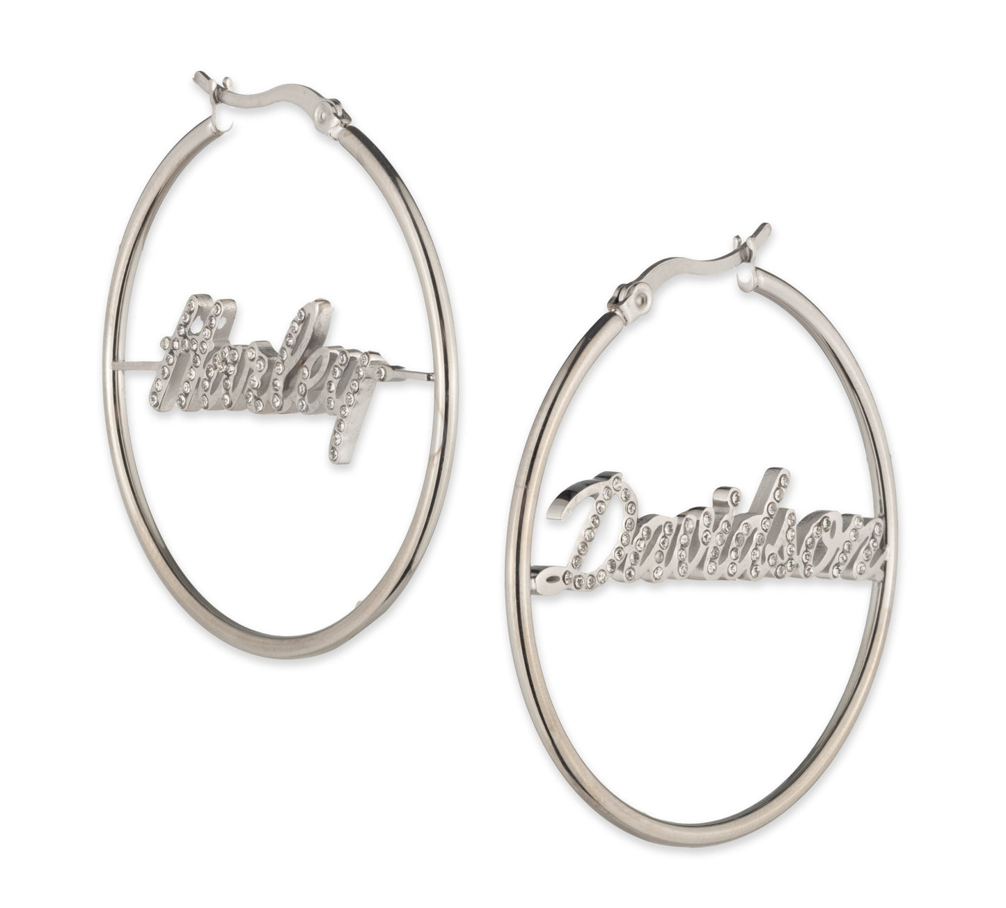 WOMEN'S PAVE CURSIVE MISMATCH HARLEY-DAVIDSON SCRIPT HOOP EARRINGS