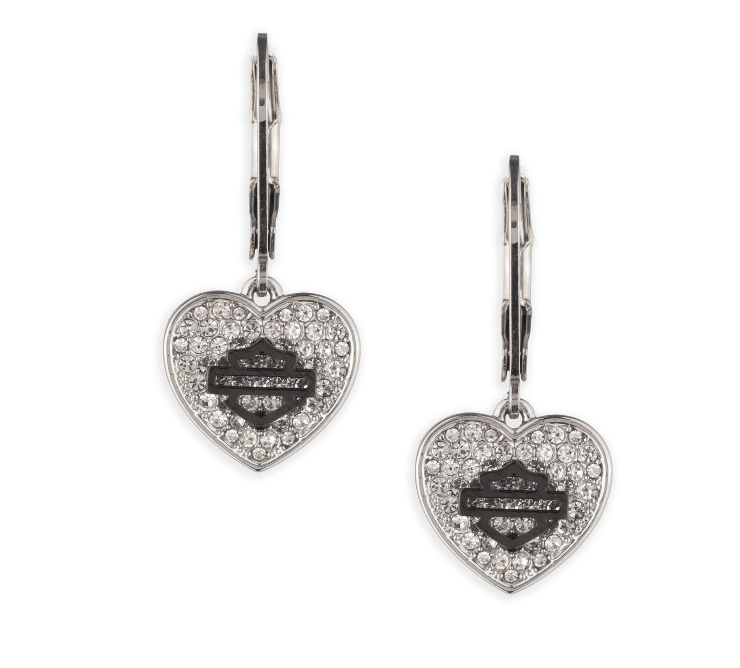 WOMEN'S BRASS WITH SILVER TONE AND HEMATITE TONE PLATING PAVE CRYSTAL HEART BAR AND SHIELD DROP EARRINGS
