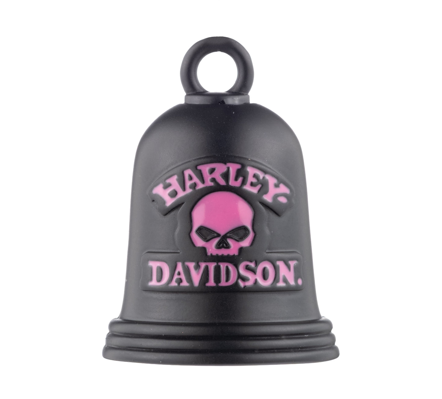 HARLEY-DAVIDSON® AND WILLIE G SKULL LOGO MATTE BLACK RIDE BELL WITH HOT PINK SCRIPT DETAILS