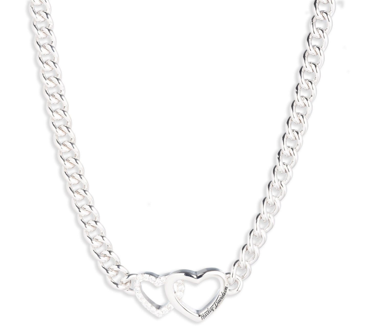 WOMEN'S 17" STERLING SILVER CURB CHAIN NECKLACE WITH DOUBLE HEARTS. INCLUDES 3" EXTENDER.