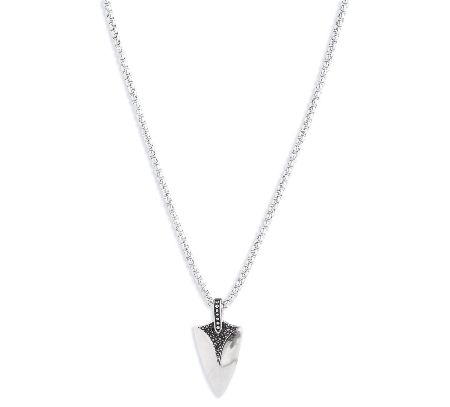 MEN'S 22" STAINLESS STEEL SHEILD CHARM PENDANT NECKLACE WITH HEMITATE STONE ACCENTS. INCLUDES A 3" EXTENDER.
