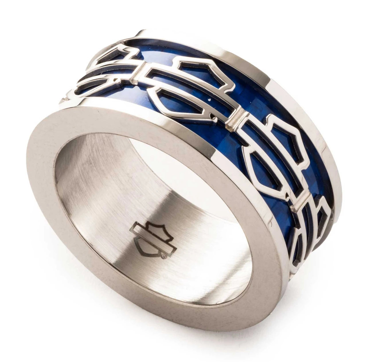 Harley-Davidson® Men's Blue Bar & Shield Logo Stainless Steel Band Ring, Silver