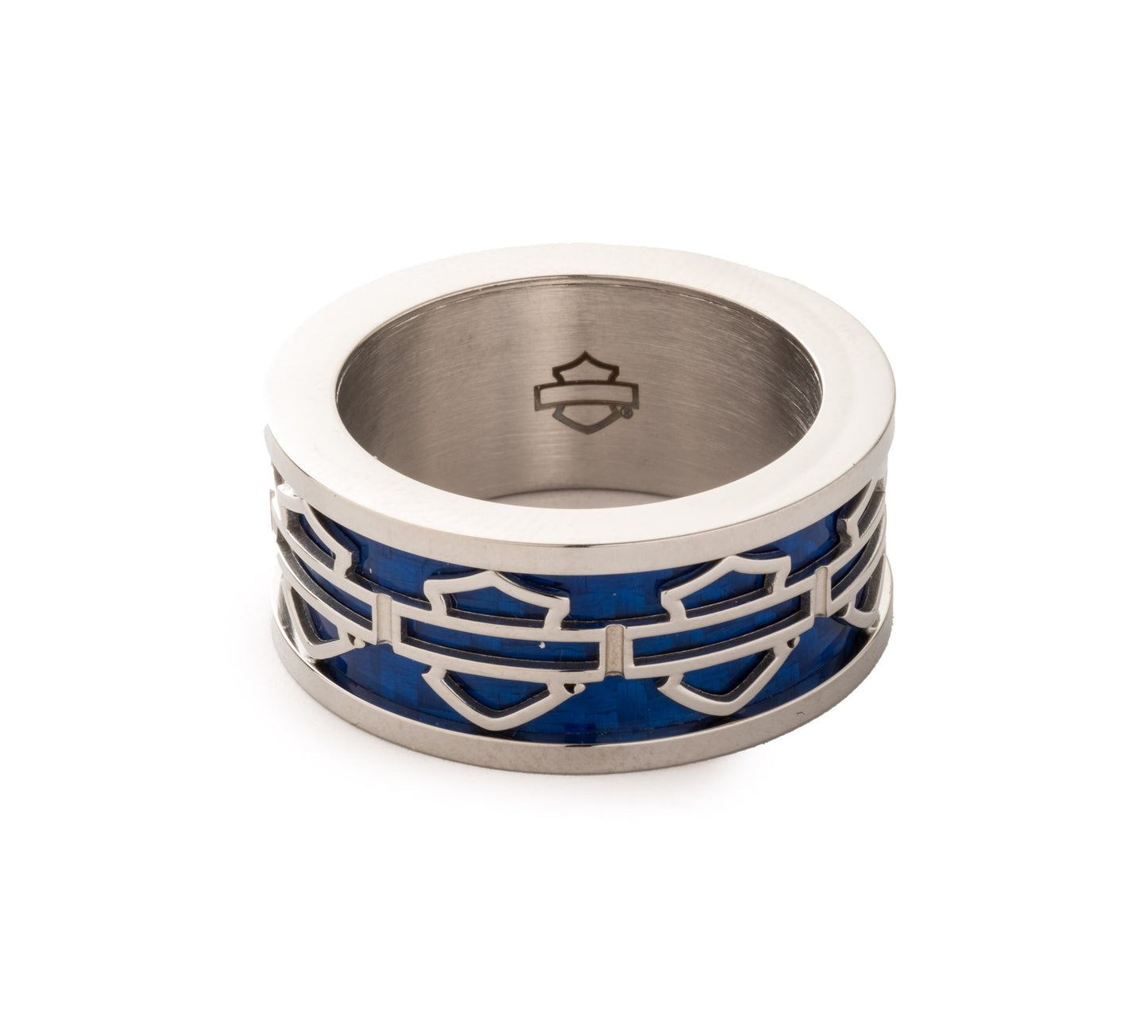 STAINLESS STEEL WITH BLUE CARBON FIBER OPEN BAR & SHIELD BAND RING