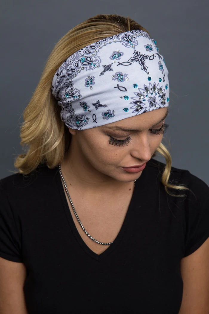 Ladies White Faith Paisley w/Gems EZ Bandz Headband