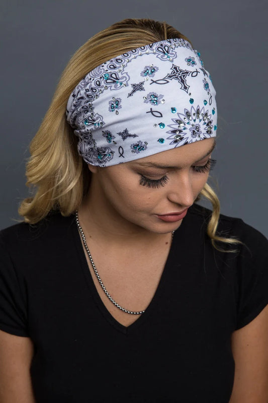 Ladies White Faith Paisley w/Gems EZ Bandz Headband