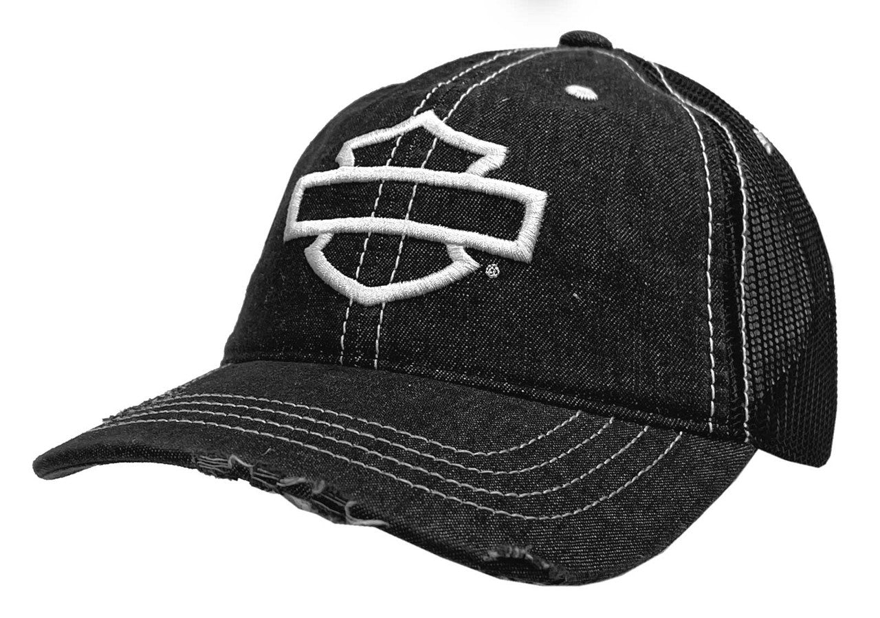 Harley-Davidson® Men's Mega Bar & Shield Frayed Mesh Trucker Hat - Black