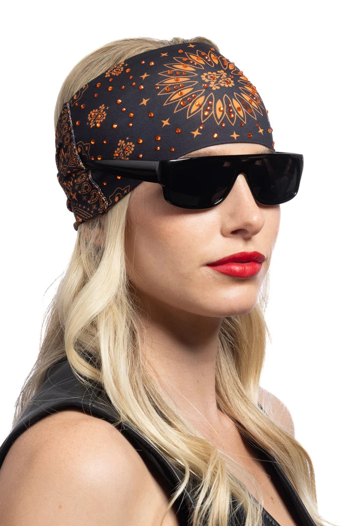 Ladies Orange Paisley w/Gems Shades Holder EZ Bandz Biker Headband