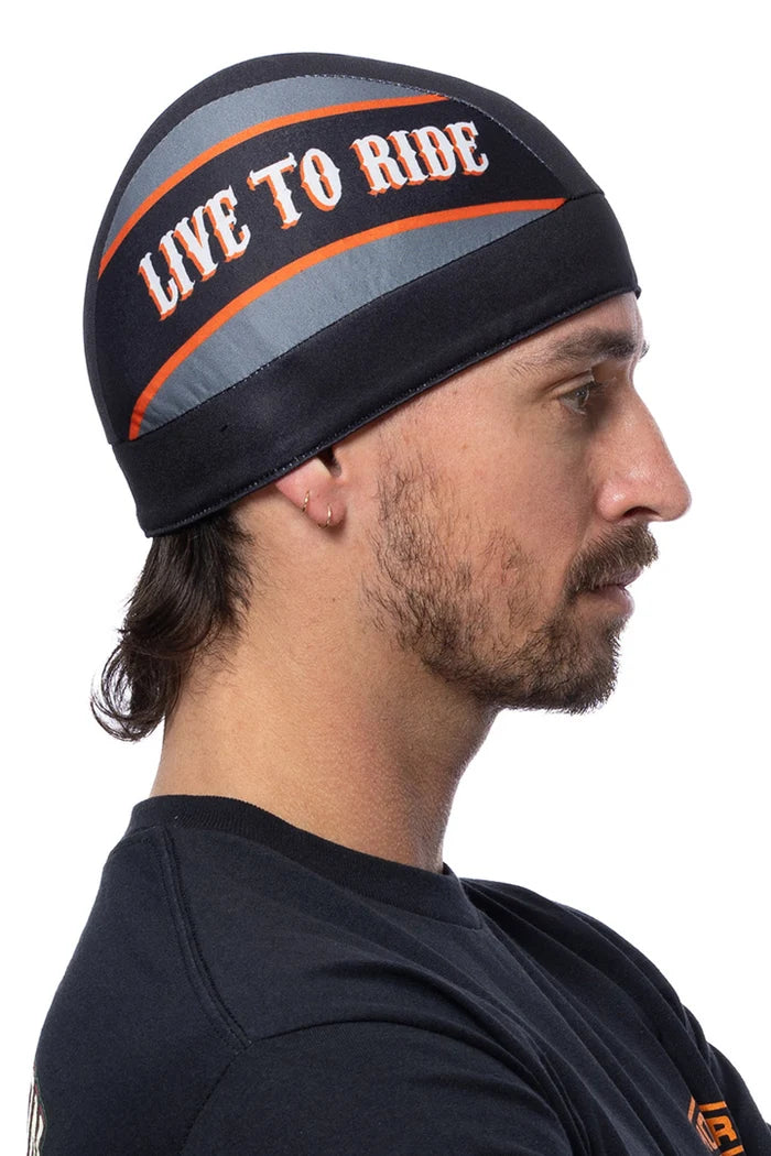 Gray/Black/Orange "LIVE TO RIDEl Skull Cap Light Weight w/Inner Elastic Band