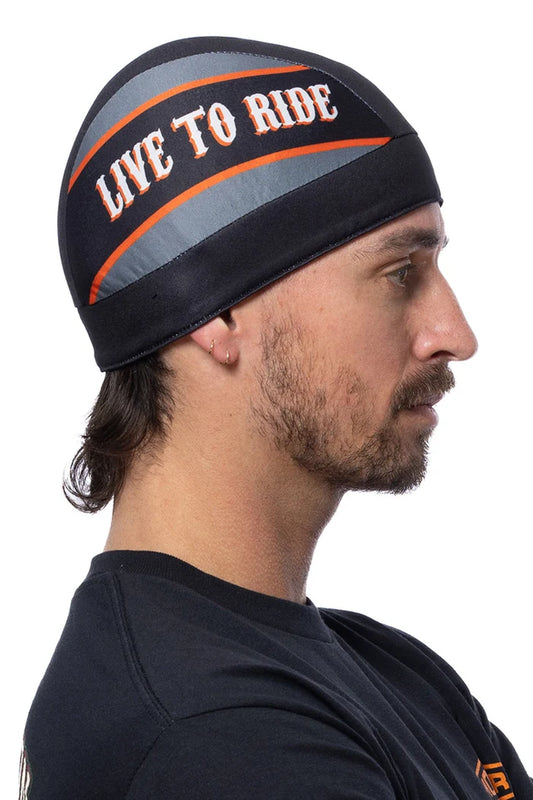 Gray/Black/Orange "LIVE TO RIDEl Skull Cap Light Weight w/Inner Elastic Band