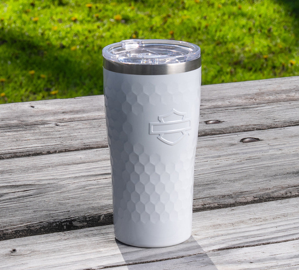 EMBOSSED OPEN BAR & SHIELD TRAVEL MUG- WHITE