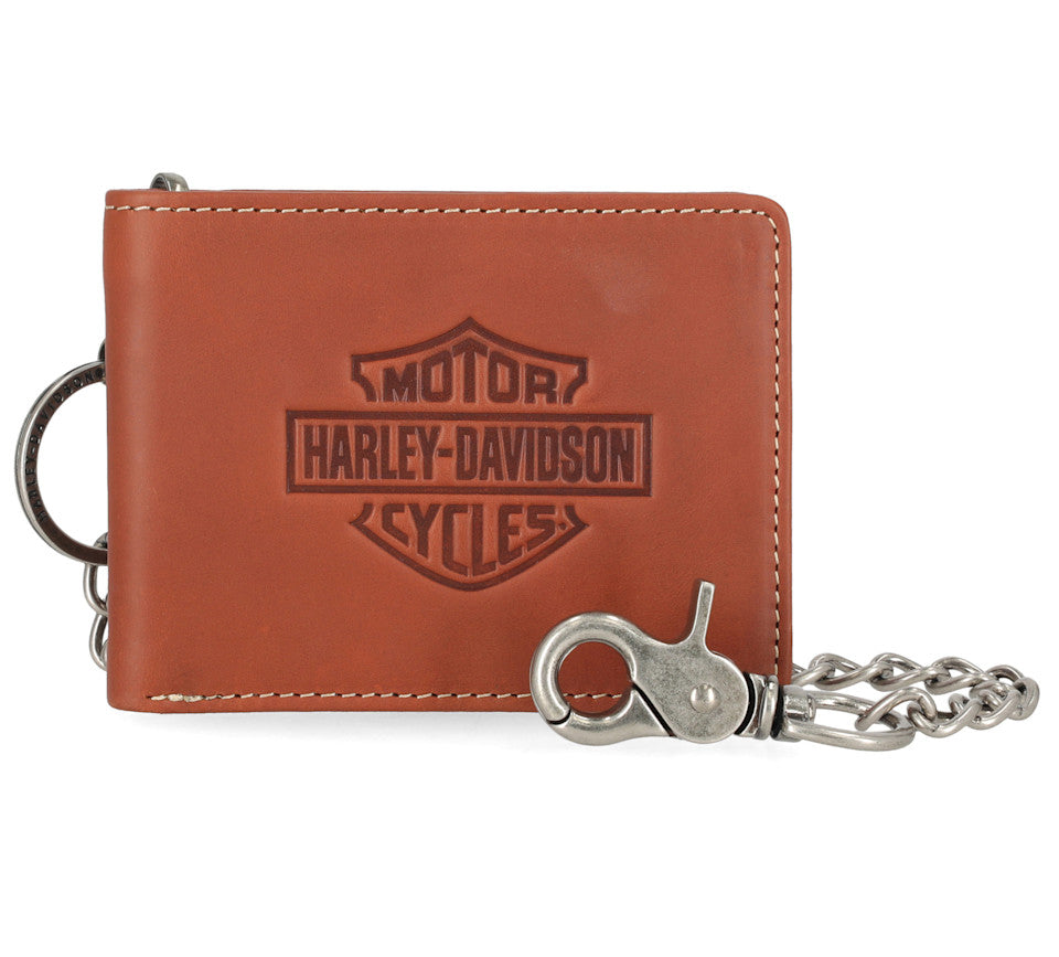 Traditional Bar & Shield Embossed Bifold Wallet with Chain
