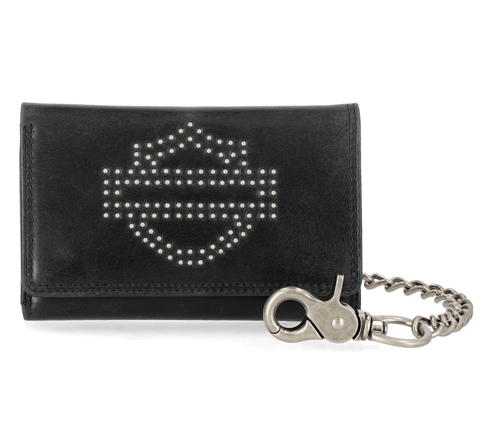 Nailhead Open Bar & Shield Trifold Wallet with Chain
