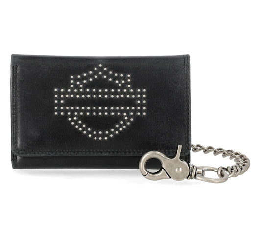 Nailhead Open Bar & Shield Trifold Wallet with Chain