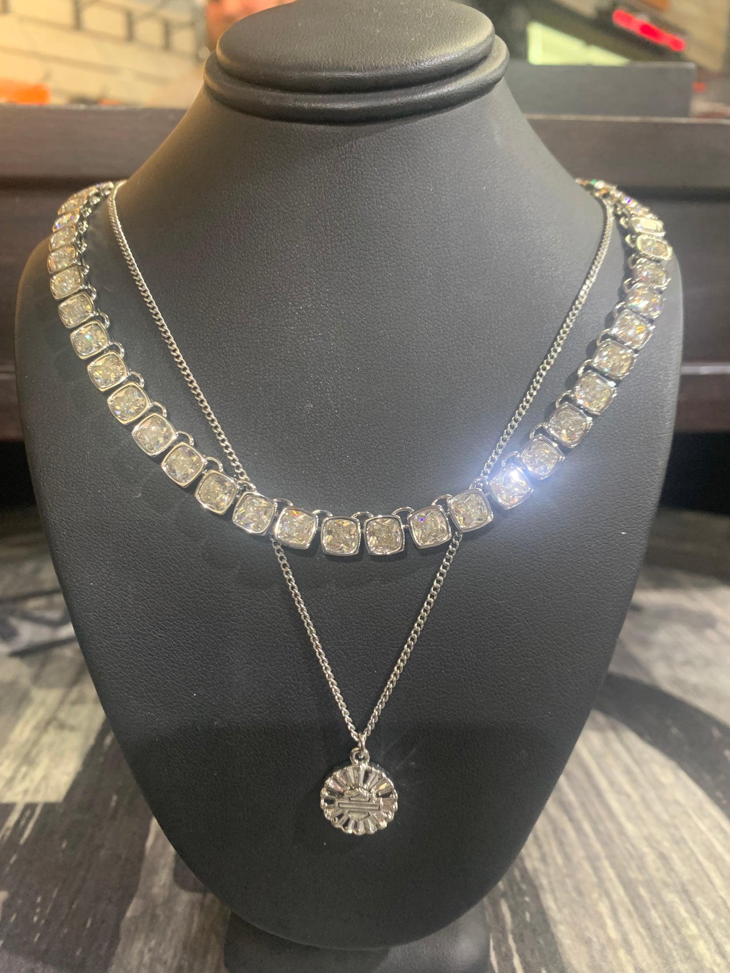 Multi Row Crystal Bar & Shield Necklace