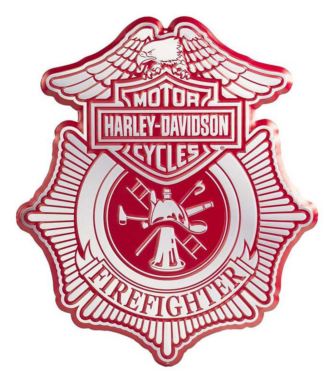 Harley-Davidson® Embossed Firefighter Shield Metal Sign, Custom Shaped Red & Gray