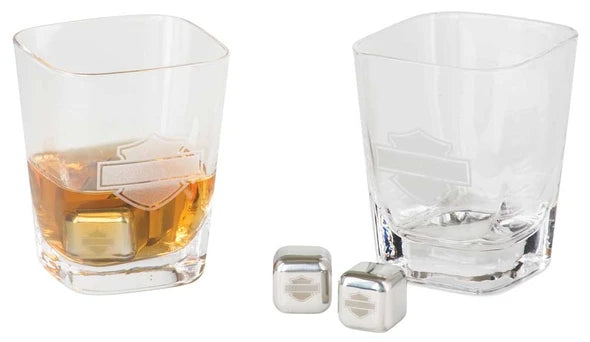 H-D Silhouette B&S 12 oz. Rocks Glass Set w/ 4 Ice Cubes