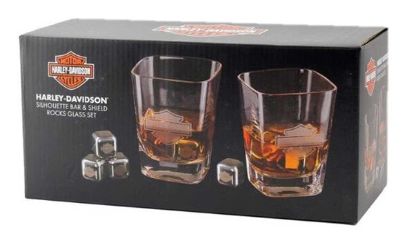H-D Silhouette B&S 12 oz. Rocks Glass Set w/ 4 Ice Cubes