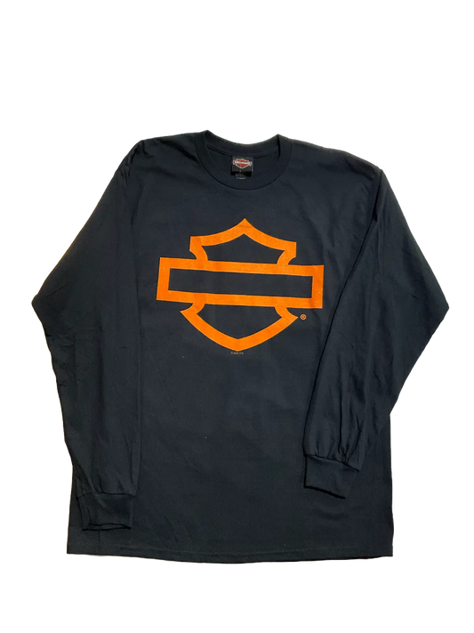 H-D Open Bar & Shield Orange on Black Men's Long Sleeve Tee