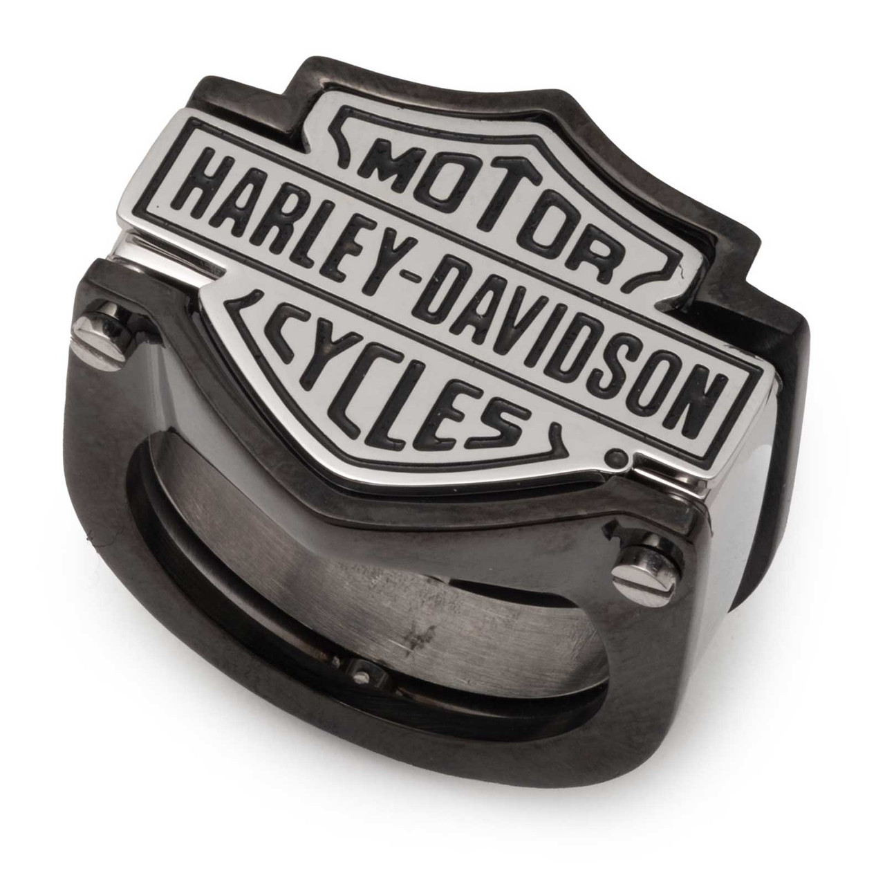 Harley-Davidson® Men's Two-Tone Bar & Shield Bolt Stainless Steel Ring, Black