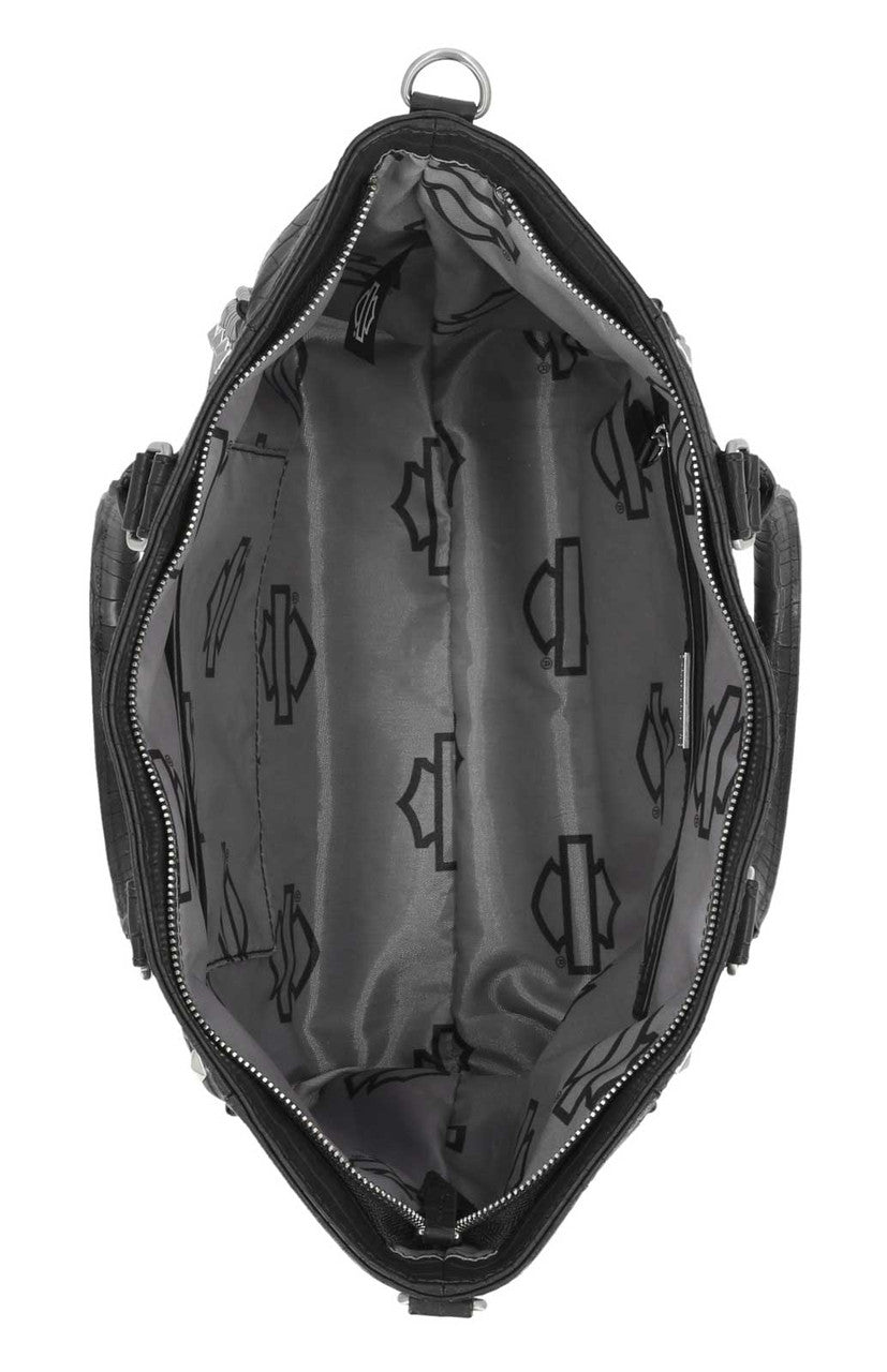 H-D Women's Croco Embossed Shoulder Strap Satchel Purse, Black