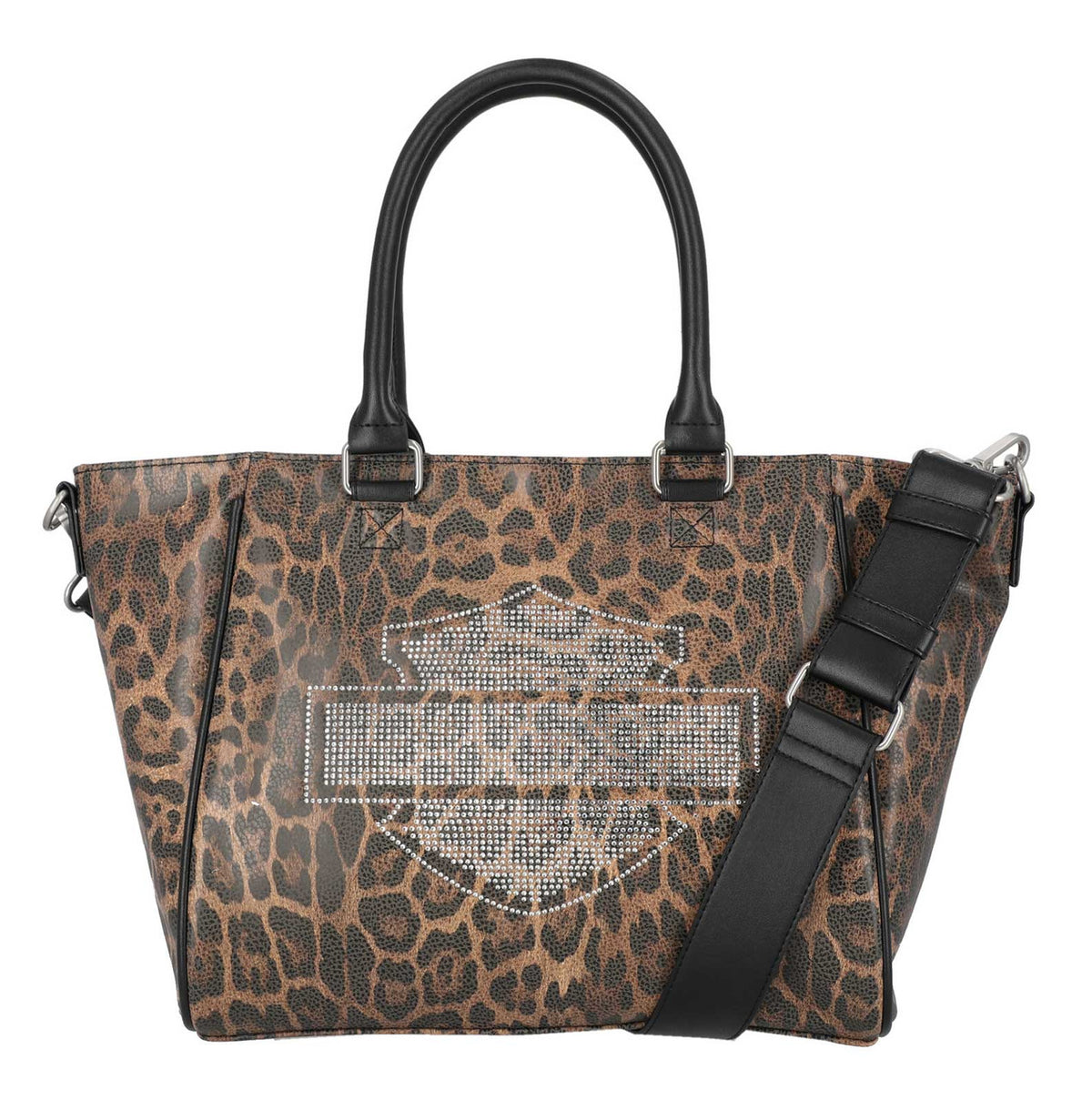 H-D Women's Leopard Rhinestone Bar & Shield Satchel Purse, Brown