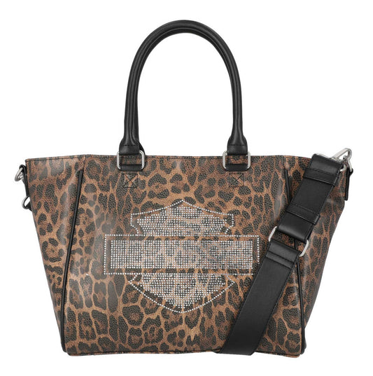 H-D Women's Leopard Rhinestone Bar & Shield Satchel Purse, Brown