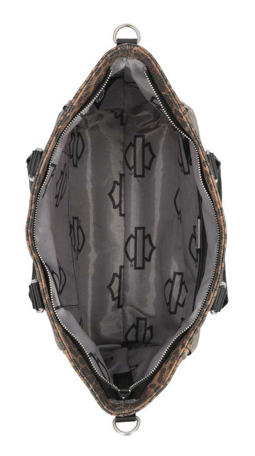 H-D Women's Leopard Rhinestone Bar & Shield Satchel Purse, Brown