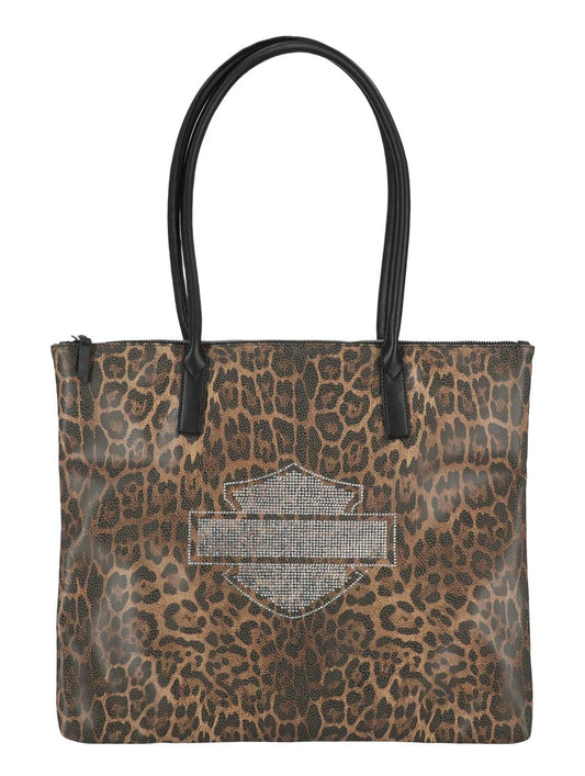 H-D Women's Leopard Rhinestone Bar & Shield Flat Tote Bag, Brown