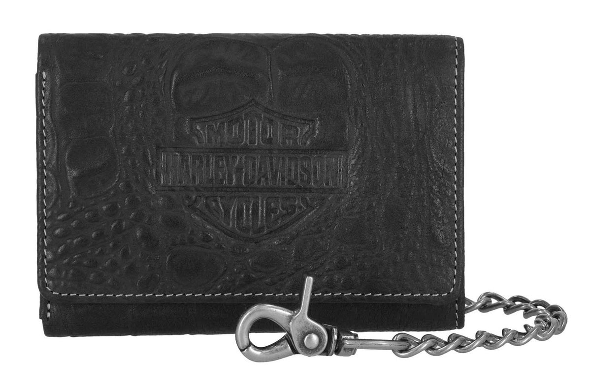 H-D Men's Croco B&S Medium Leather Trifold Wallet w/ Chain, Black