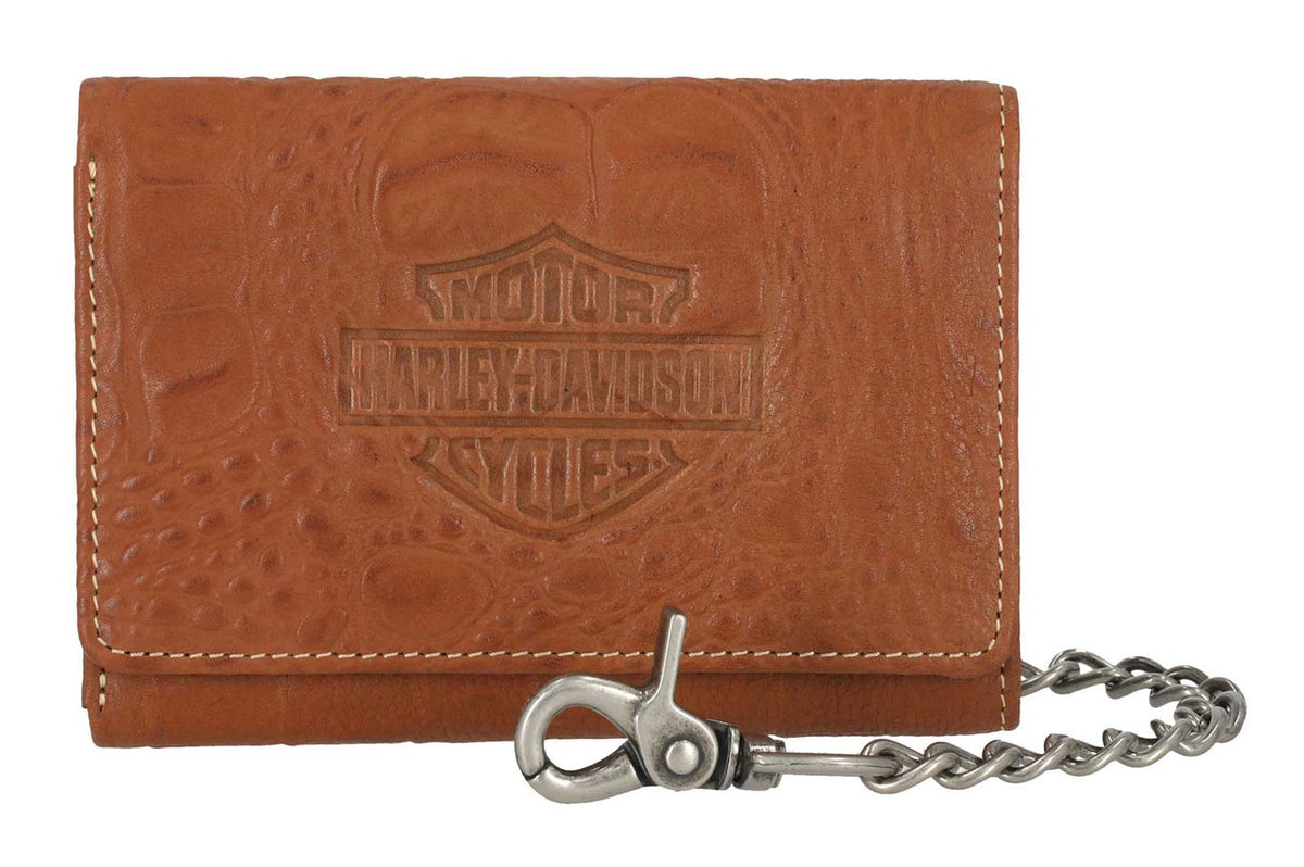 H-D Men's Croco B&S Medium Leather Trifold Wallet w/ Chain, Brown