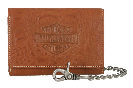 H-D Men's Croco B&S Medium Leather Trifold Wallet w/ Chain, Brown