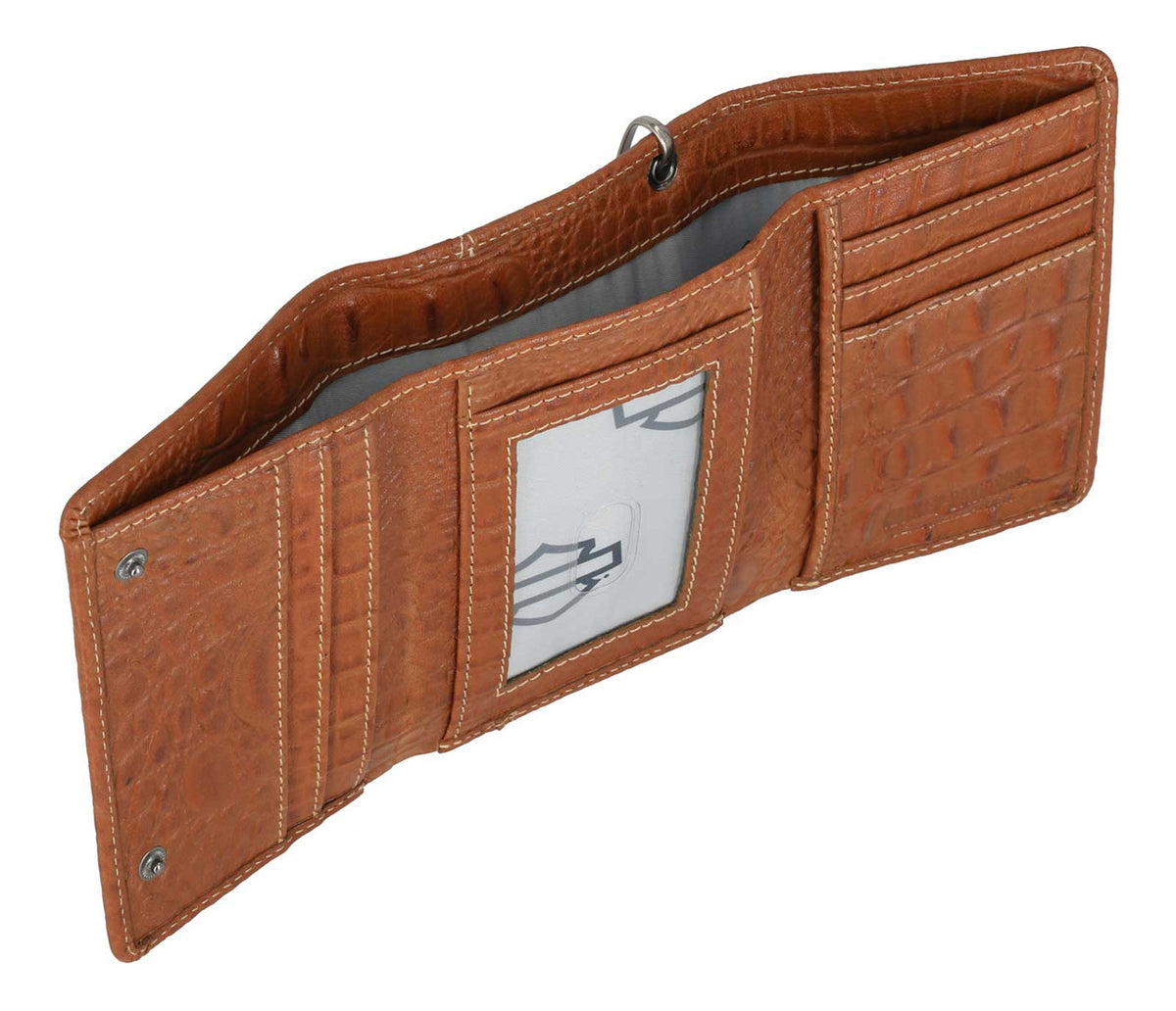 H-D Men's Croco B&S Medium Leather Trifold Wallet w/ Chain, Brown