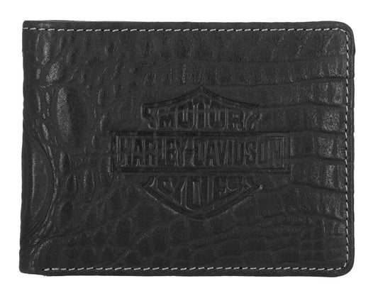 H-D Men's Croco B&S Leather Billfold Wallet w/ Chain, Black