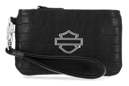 H-D Women's Metal Bar & Shield Croco Coin Case w/ Wristlet, Black
