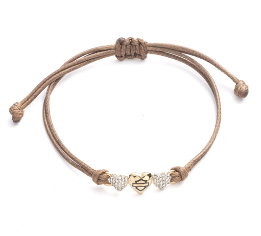 WOMEN'S BOXED BROWN WAX CORD  BAR & SHIELD HEART CHARM ADJUSTABLE BRACELET