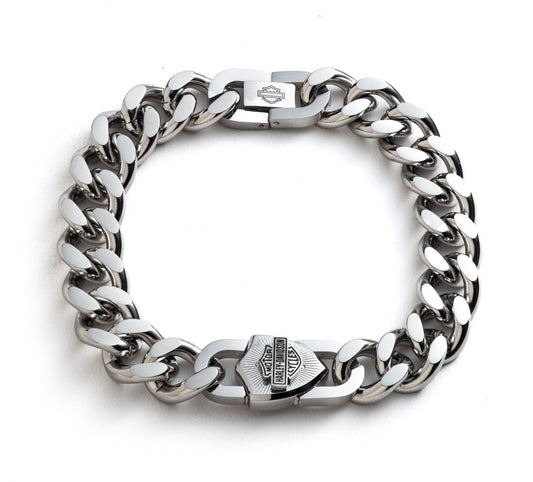MEN'S BOXED 9" BAR AND SHIELD LOGO STAINLESS STEEL PADLOCK CURB CHAIN BRACELET