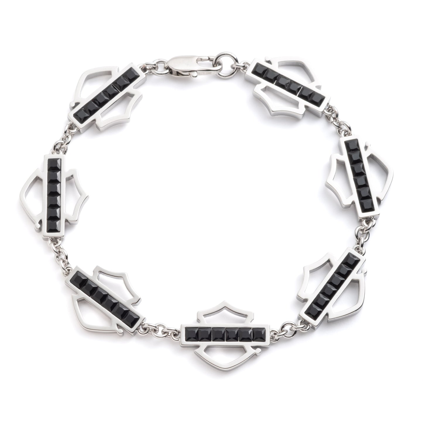 WOMEN'S BOXED 7.5" BRASS WITH SILVER TONE PLATING BAR AND SHIELD FLEX BRACELET WITH BLACK CRYSTAL STONE DETAILS