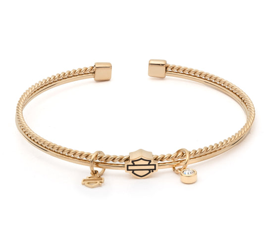 WOMEN'S BOXEDBAR & SHIELD CRYSTAL CHARM TEXTURED CUFF BRACELET