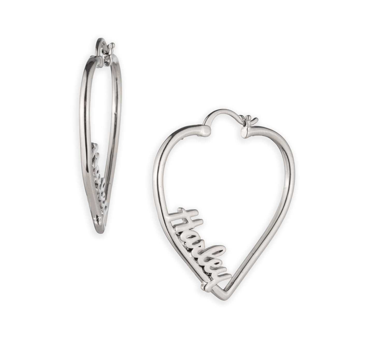WOMEN'S BRASS WITH SILVER TONE PLATING HARLEY CURSIVE SCRIPT HEART HOOP EARRINGS